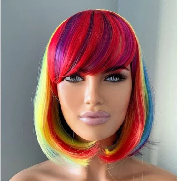 Rainbow Wig Short Wig Bright Colourful Clown Wig with Bangs 10 inch Bob Wig - Picture 1 of 9